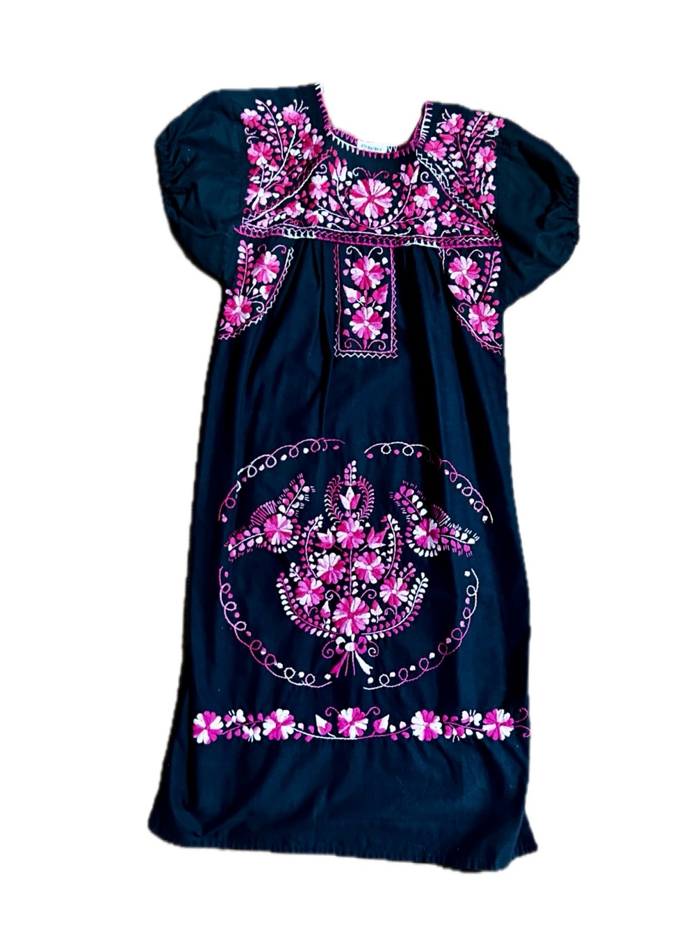 Orquidea ~Small ~ Vintage (70’s) Black W/Pink Floral Embroidery ~ Mexican Dress